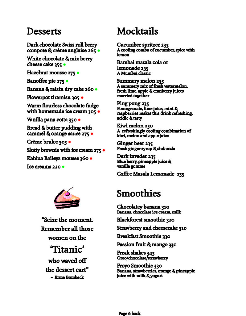 Menu Mockingbird Cafe bar