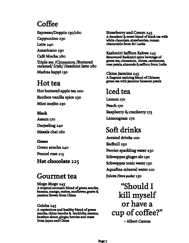 Menu Mockingbird Cafe bar