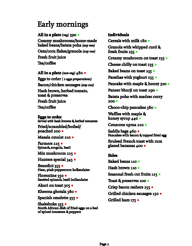 Menu Mockingbird Cafe bar