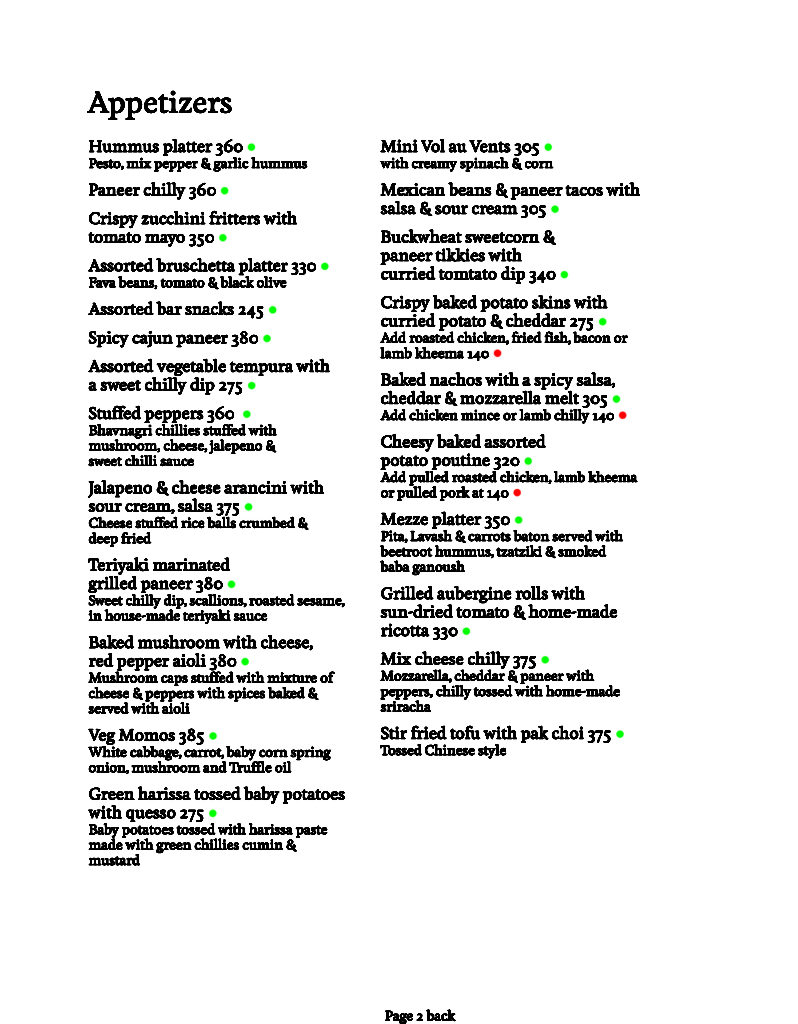 Menu Mockingbird Cafe bar